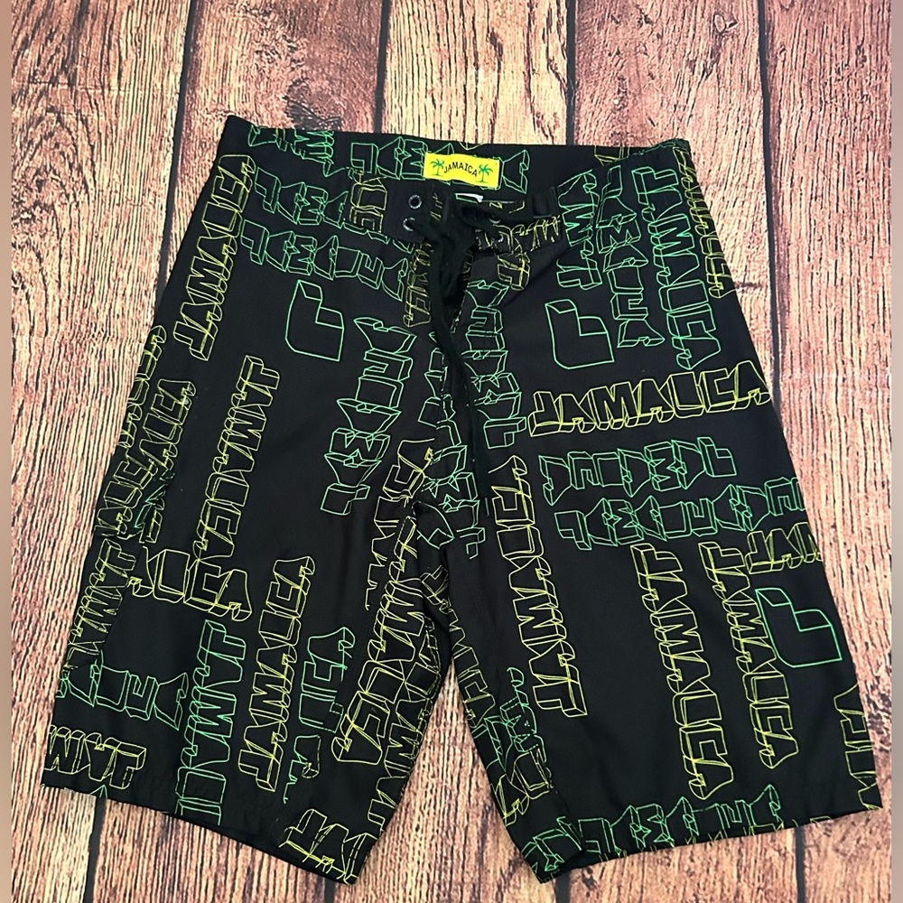 Jamaica Black‎ and Neon Green Board Shorts
